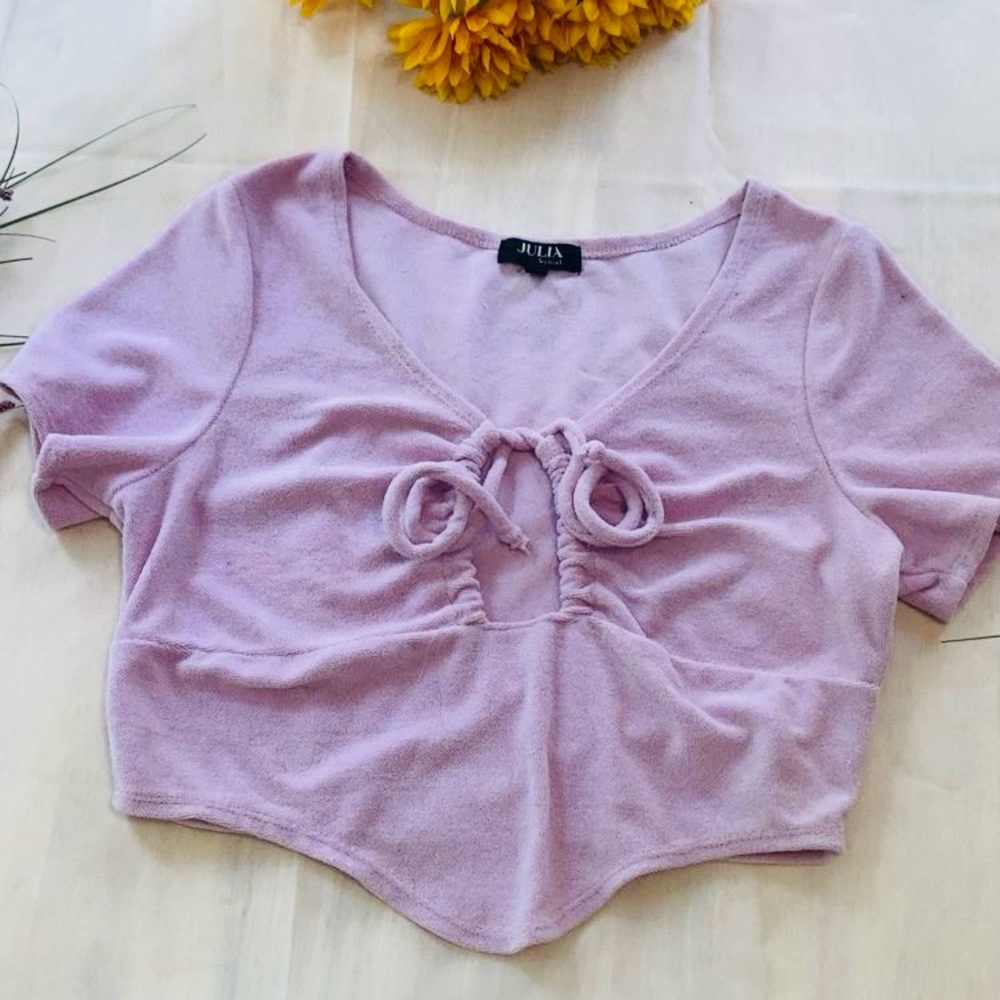 Purple Ruched Tie Front Crop Top